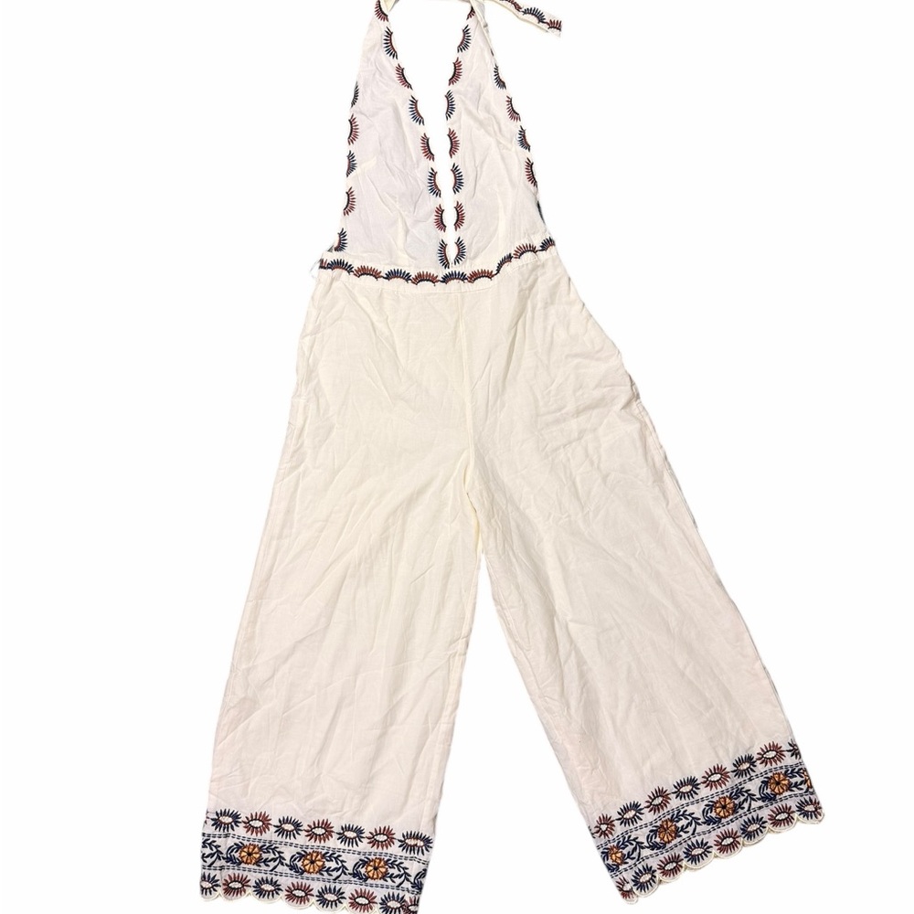 Urban Outfitters Cream Embroidered Halter Jumpsuit